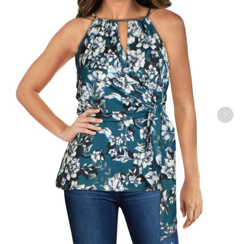 PARKER Drape Front Keyhole Top Blouse Floral Blue Everglade Gardens NWT Size XS